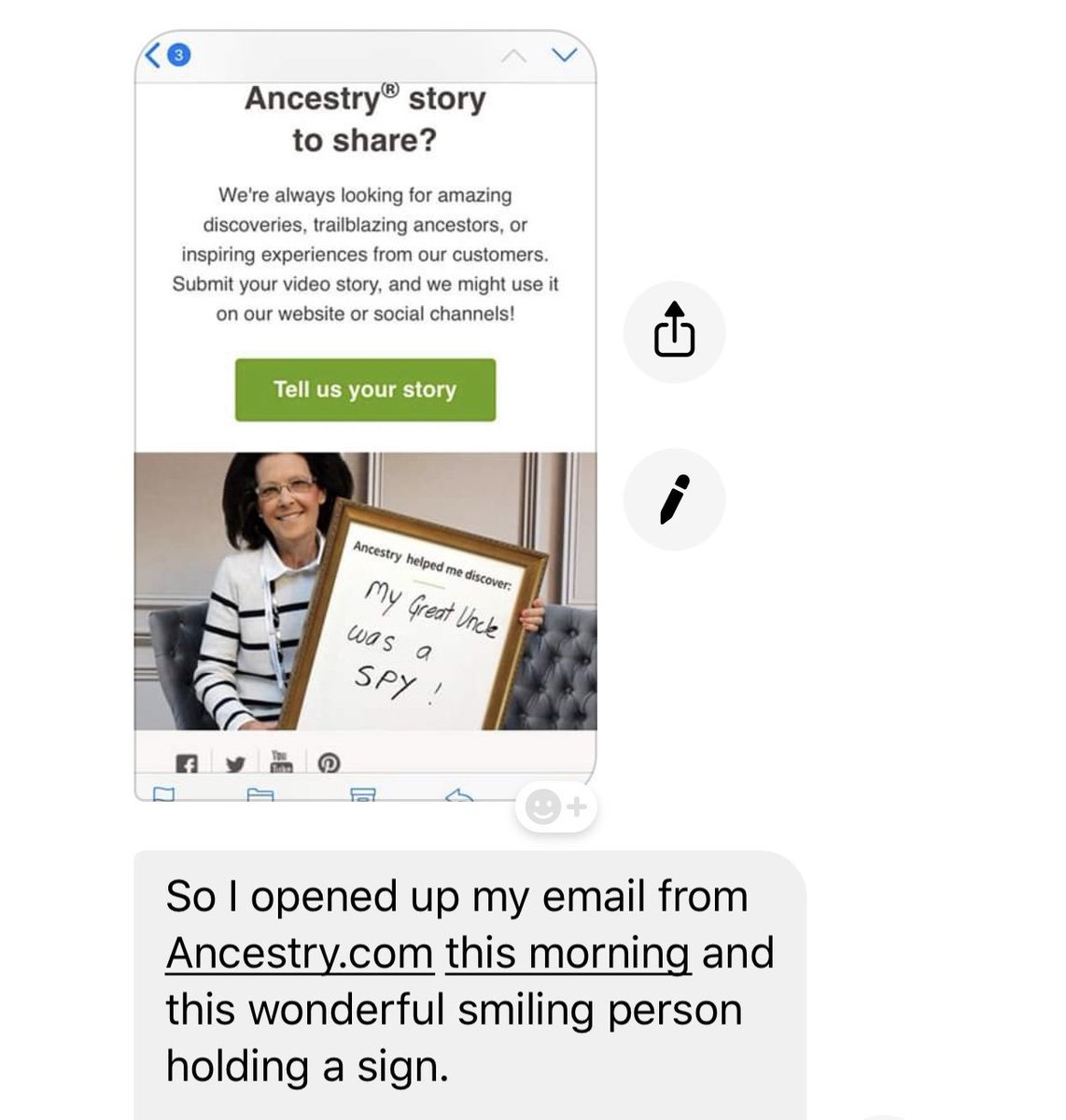 SharnWhite's tweet photo. My cousin in the USA opened an email from @ancestry.com to find me smiling at him 🤦♀️ #ancestryad #rootstech19 #ancestryfinds https://t.co/CJaudfGfkE