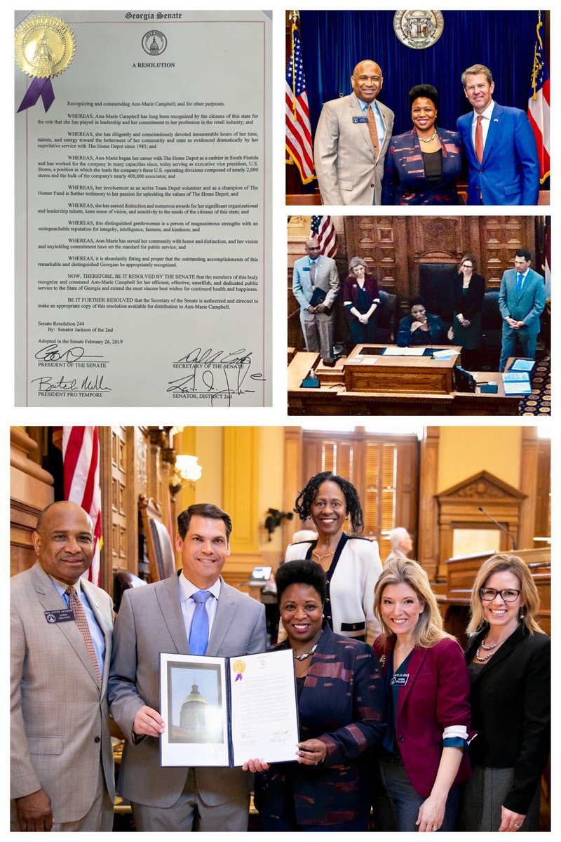HeatherOKennedy's tweet photo. Well deserved recognition in the GA State Senate by @DrLGJ3 and @GeoffDuncanGA for @HomeDepot’s incomparable EVP of Stores Ann-Marie Campbell. 33 years and counting of positively impacting the lives of those around her! #orangeblooded #CashiertoEVP #sheisbuilttobringit https://t.co/3Nh00IMuST