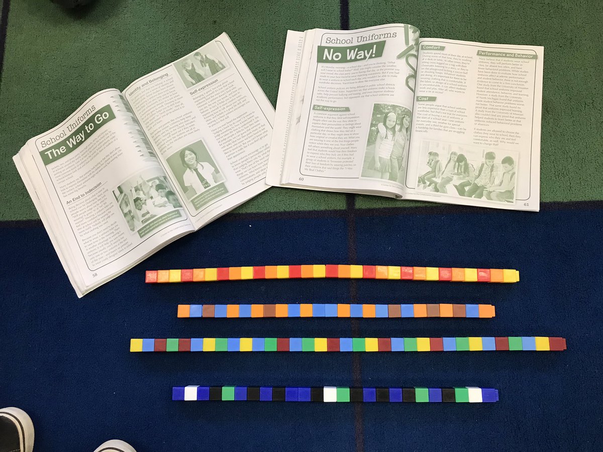 MrsDesmond14's tweet photo. Learning how to have “civilized” controversial conversations. Topic: school uniforms. Colored cubes were used to build talk trail, each color representing a person’s input. Agreeing to disagree - key life skill!! @ConoverRoadES @CNSchools https://t.co/urkZO2mMyM