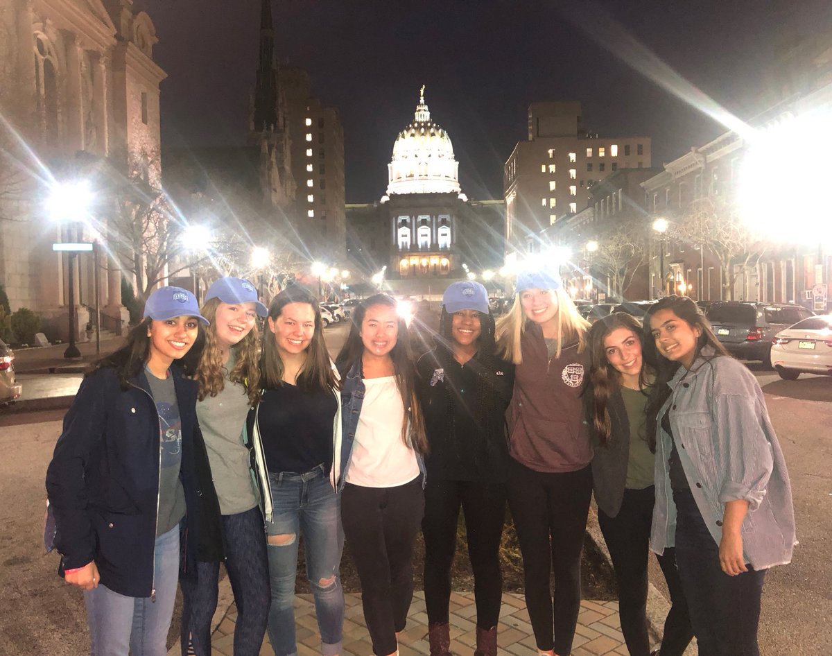 SemMockTrial's tweet photo. Our traditional photo in front of the Pennsylvania State Capitol! Can’t wait for tomorrow! #GirlGang #StateFinalsTournament https://t.co/tiyPEbkLzX