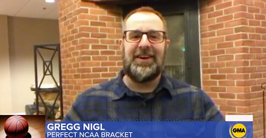 SVSU's tweet photo. #WePredict -- Gregg Nigl is the last man in the world to still have a perfect NCAA March Madness bracket according to https://t.co/U6dCUu86hZ. He also happens to be an SVSU alumnus and Saginaw native. Until now, no one had ever made it through the first weekend unblemished. https://t.co/lufzs9Kkcs
