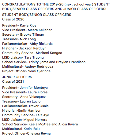LewisvilleHS's tweet photo. CONGRATULATONS TO NEXT YEAR'S STUDENT BODY/SENIOR CLASS OFFICERS (CLASS OF 2020) AND JUNIOR CLASS OFFICERS (CLASS OF 2021) https://t.co/1JfhwLPuFU