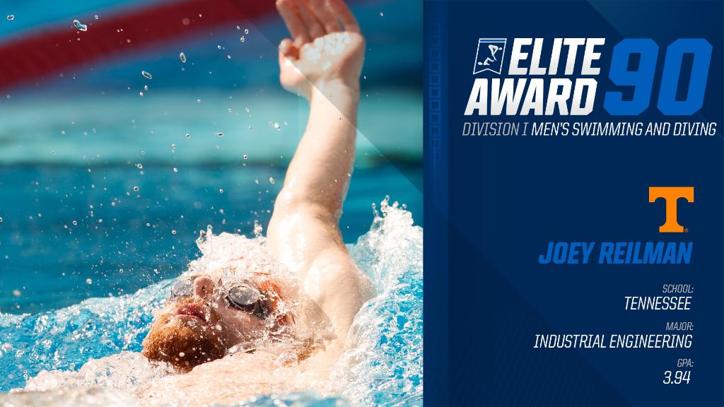 NCAA's tweet photo. Congratulations to industrial engineering major Joey Reilman of @Vol_Swim on capturing the #Elite90 award for Division I #NCAASwimDive! https://t.co/FIBAo4YTti