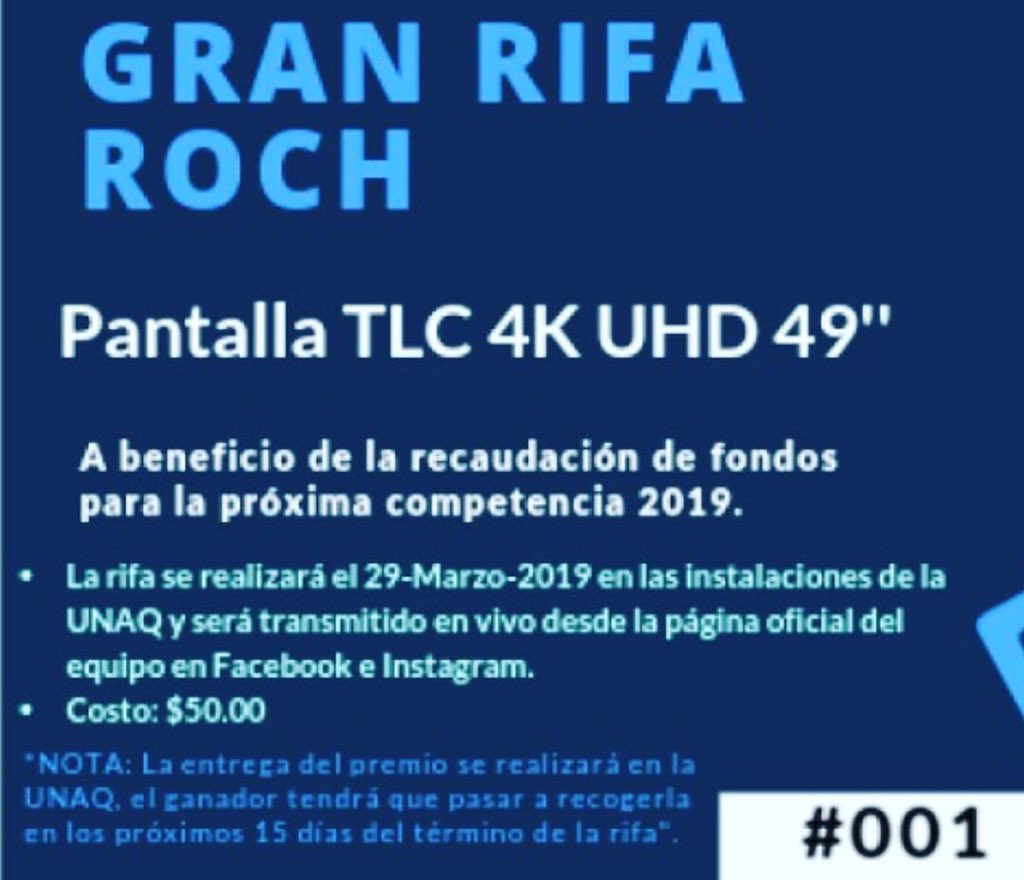RoChTeamUNAQ's tweet photo. ¡NO LO OLVIDEN! El día de mañana a partir de las 14:00 se llevará a cabo la “GRAN RIFA ROCH” en las instalaciones de la UNAQ.
Si aún no tienes tu boleto, aún puedes adquirirlo, llamando al siguiente número (443) 491 1272, pero no tardes, que ya quedan muy pocos! 🎟 #BeROCH https://t.co/pRyVjFOraP