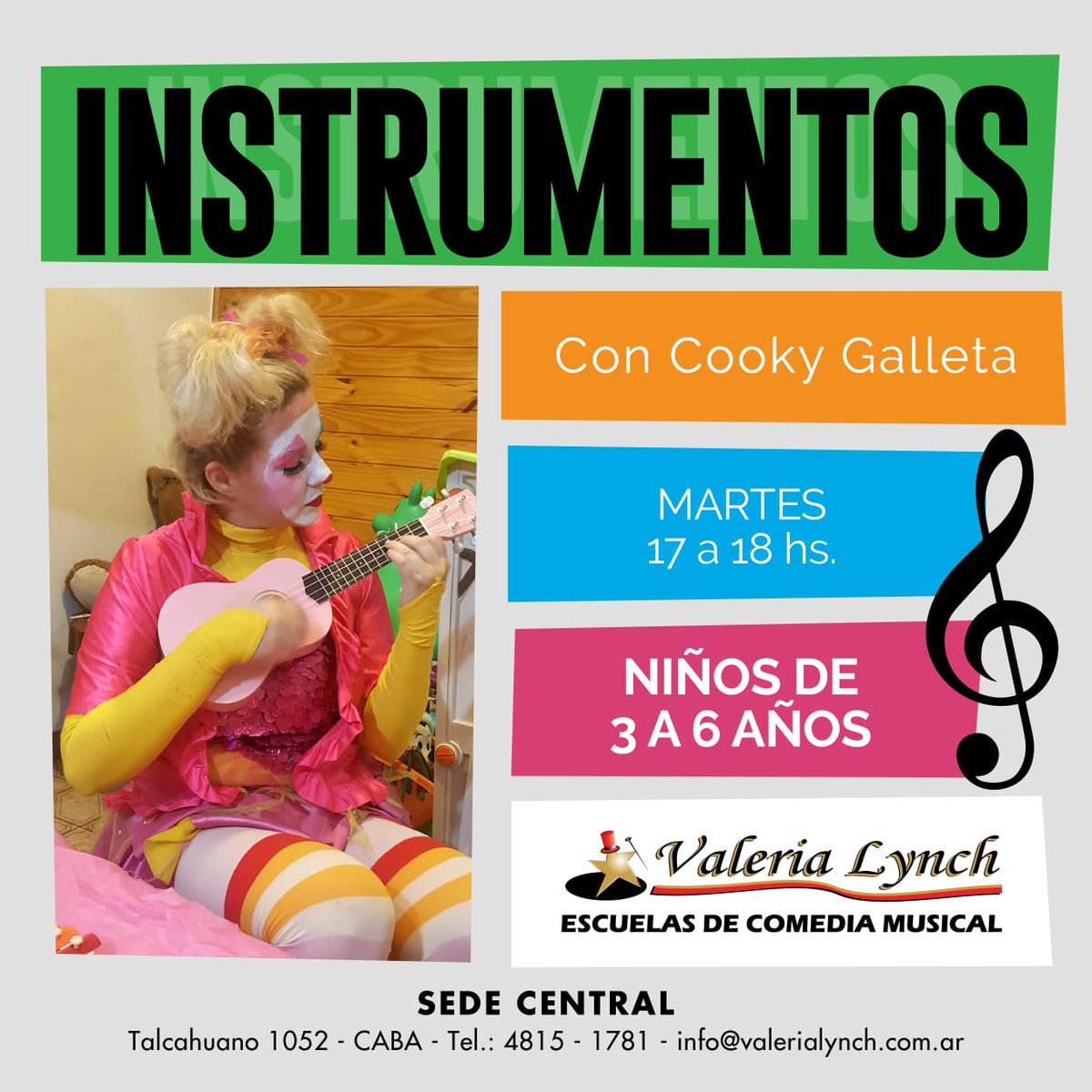 Atención Chicos de 3 a 6 años! INSTRUMENTOS con Cooky Galleta <a href="/cookygalleta/">cooky galleta</a> 🌟 🎶🕺🎭🎤💃
Súper divertido A tocar instrumentos! 
🕐¿Cuándo? A partir del 16/4 Martes 17 a 18 hs
🏤 ¿Lugar? Talcahuano 1052 /Sede Central
ABIERTA LA INSCRIPCIÓN!
info@valerialynch.com.ar
4815-1781