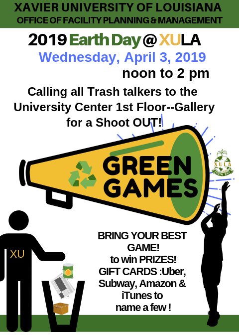 XULA_Green's tweet photo. Come celebrate 2019 EARTHDAY@XULA for 2 days this year. 4/2 &amp; 4/3 from 11am - 2pm. Here are the HIGHLIGHTS for Wednesday 4/3. Green Games, Socially Responsible Organizations and close out w/a music guided Nite Bike Ride a 1st for @XULA_Green #getupandride #xu @XULA1925 https://t.co/ocxW9mvLjO