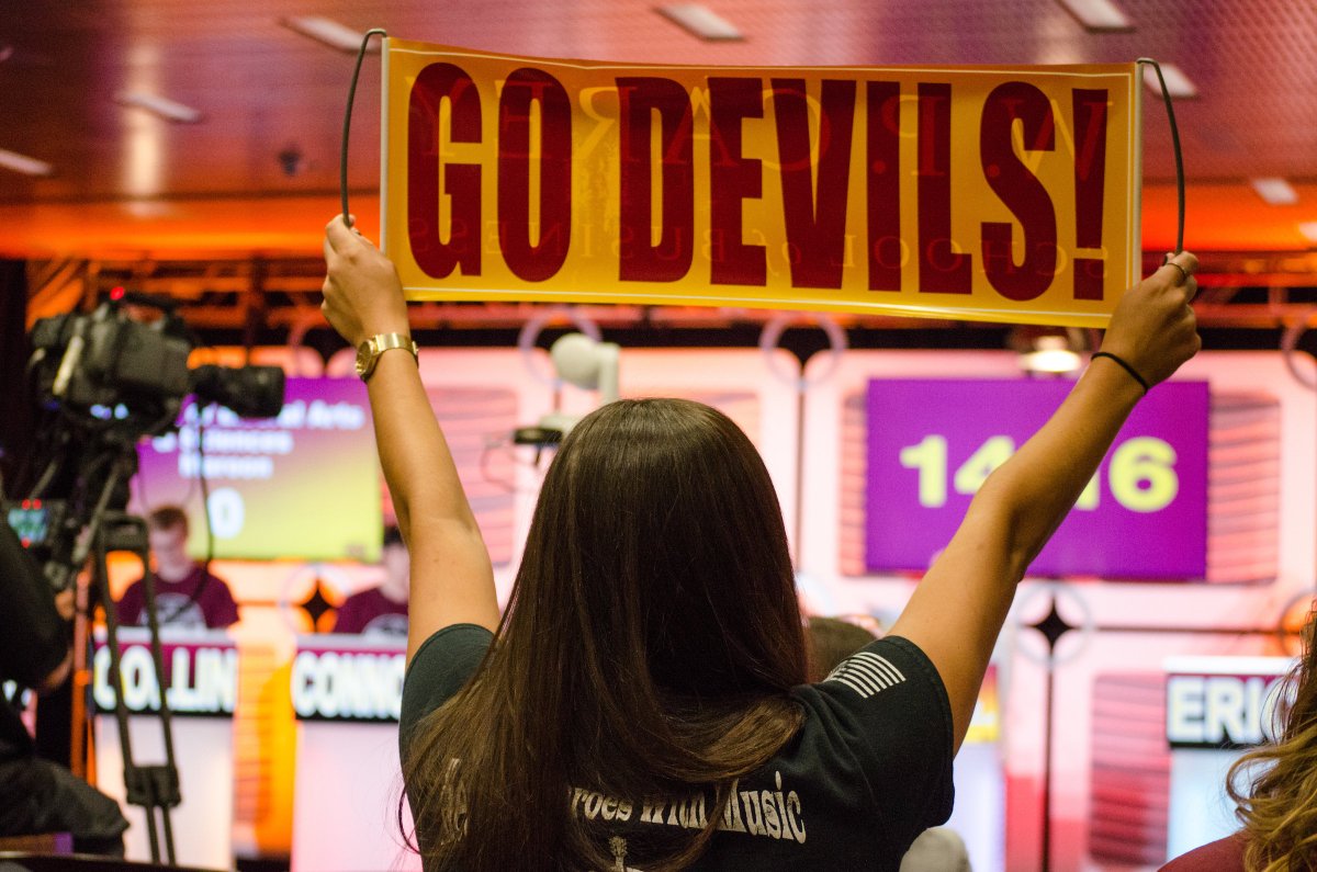 ASU's tweet photo. Best of luck to @ASUHIDA, @ASUEngineering, @ASUTheCollege and @asupublicsvc teams who will be competing in the 2019 #ASUAcademicBowl final rounds today! Go to the @ASU Tempe Student Pavilion at 5:30pm to cheer them on! 🎉 https://t.co/oEJFZ4Keua