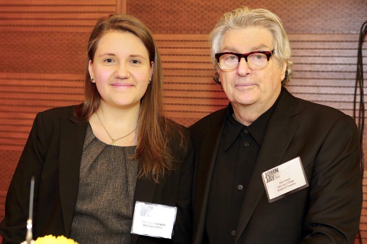 SiegelFellow's tweet photo. #tbt to the 2016 Champions of Justice Reception, an annual event where all John Jay scholars attend to thank the donors and foundations for their support that make their success possible.  Pictured is Siegel Fellow Veronika with the founder of the fellowship, Alan Siegel. https://t.co/WpMaja90OV