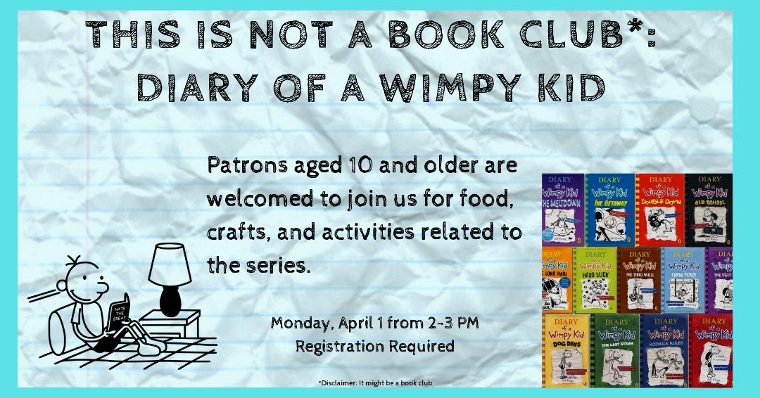 CantonLibrary's tweet image. Start your spring break off right. Join us Monday, April 1, for food, crafts, art and activities related to the popular middle-grade Diary of a Wimpy Kid series by Jeff Kinney. Registration required, ages 10+. See you there!

cantonpl.org/content/not-bo…