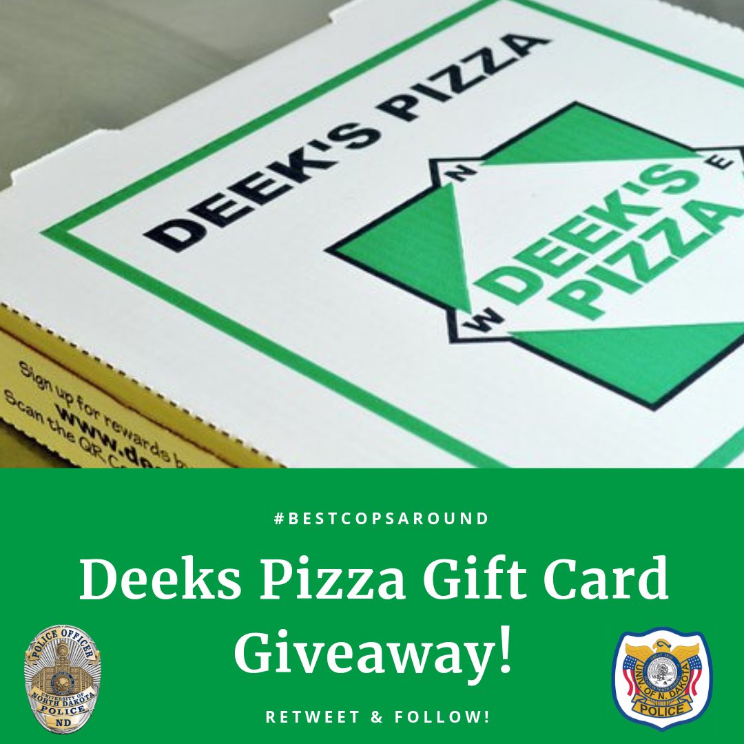 UNDPoliceDept's tweet photo. #GiftCard #DeeksPizza #FollowUs We are only 77 Followers away from 9,000! Retweet and Follow if you want to win a @DeeksPizza #GiftCard!#BestCopsAround #UNDProud https://t.co/LTg6yOMkXo