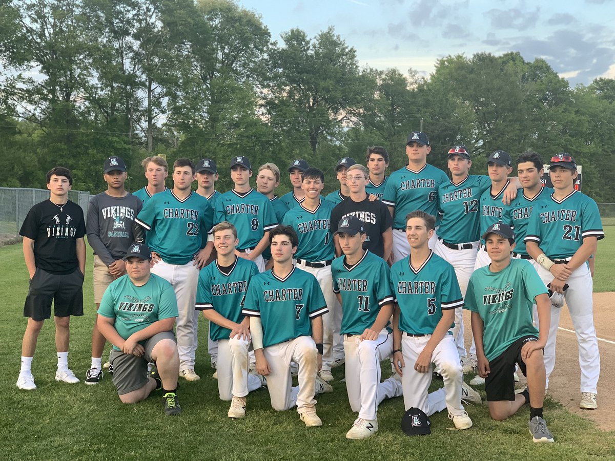 APCSbaseball's tweet photo. VIKINGS WIN IT WITH A WALK-OFF by Jackson Ragusa in the bottom of the 7th to defeat Oak Hill 8-7. Spencer Coco kept them in it with a solid performance on the mound. A HR by Luke Rousseau started off the rally. Charter was resilient tonight, capping off a 3-0 week! https://t.co/Y8z7fhcJYh