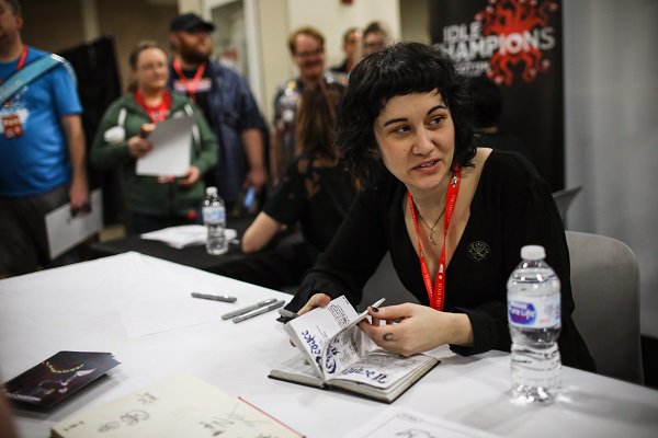 Meet the #WaffleCrew at #PAXEast! Swing by <a href="/tabletitans/">Table Titans</a> booth 12090 today or tomorrow noon-1pm ET to snag one of <a href="/ArtOfMichelle/">fire_michelle</a>'s #DiceCameraAction <a href="/idlechampions/">Idle Champions</a> posters and get it signed by <a href="/AnnaProsser/">Anna Prosser</a>, <a href="/HollyConrad/">💀Holly 🖤</a>, <a href="/NateWantsToBtl/">Nathan Sharp</a>, &amp; <a href="/ProJared/">Jared Knabenbauer</a>! #dnd