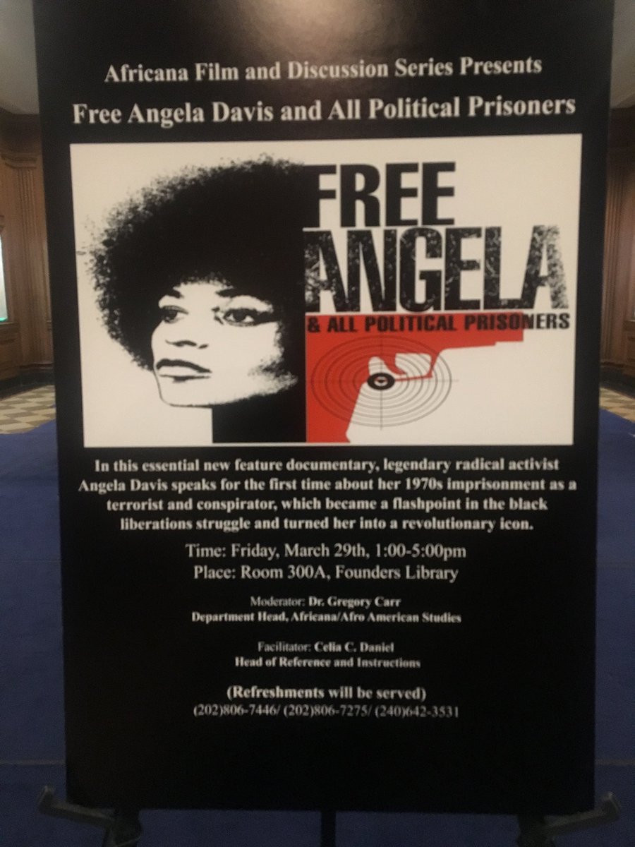 AfricanaCarr's tweet photo. Tomorrow. 1 pm. #HowardU Founders Library, Room 300A. We call on the story and life work of #AngelaDavis to launch us from #WomensHistoryMonth into the rest of the year with an #AfricanaFilmAndDiscussion bang. #Mbongi #IntellectualWork #StayFocused https://t.co/VAKeAs2CVf