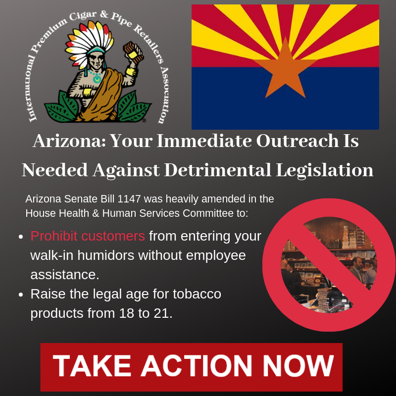 PCA1933's tweet photo. #ActionIPCPR #Arizona Alert ⚠️ SB1147 was heavily amended by AZ House Health & Human Services to:
⛔ Prohibit customers from entering your walk-in humidors without employee assistance,
⛔ Raise the legal age for tobacco products from 18 to 21.
ACT NOW 👉 https://t.co/xGskYnQcVQ https://t.co/amTYLUh30C
