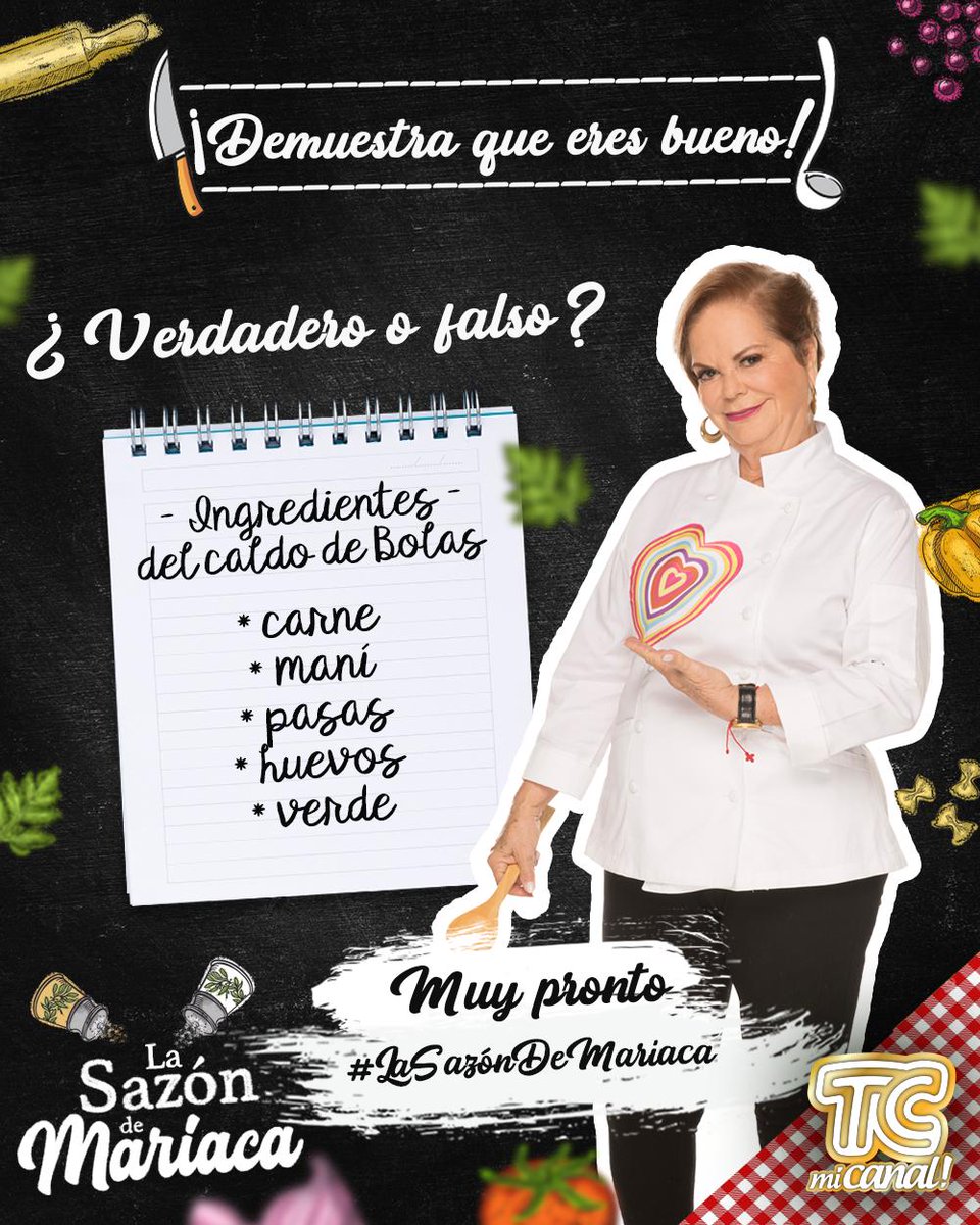tctelevision's tweet photo. MUY PRONTO, ¡te llenaremos de SAZÓN 🌶!
¿Te gusta la cocina 🔥? #Mariaca te pone a prueba con una receta 📑. ¿Son los ingredientes del #CaldoDeBolas 🍲?
-
Te leemos: #LaSazónDeMariaca 🍖 https://t.co/AkD2Na82tT