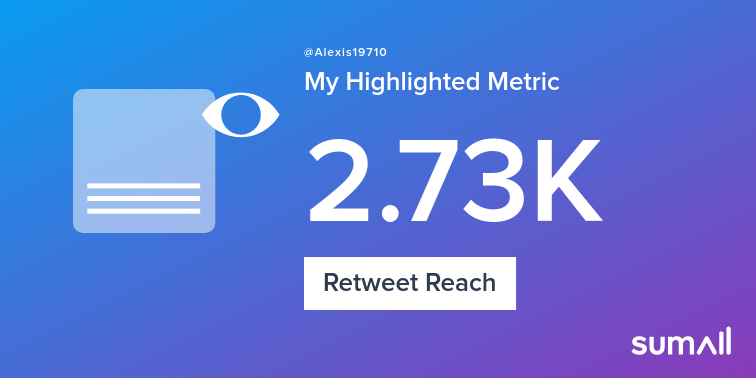 Alexis19710's tweet photo. My week on Twitter 🎉: 1 Retweet, 2.73K Retweet Reach, 1 New Follower. See yours with https://t.co/ODSL0kKTlP https://t.co/o9Z8bPddzv