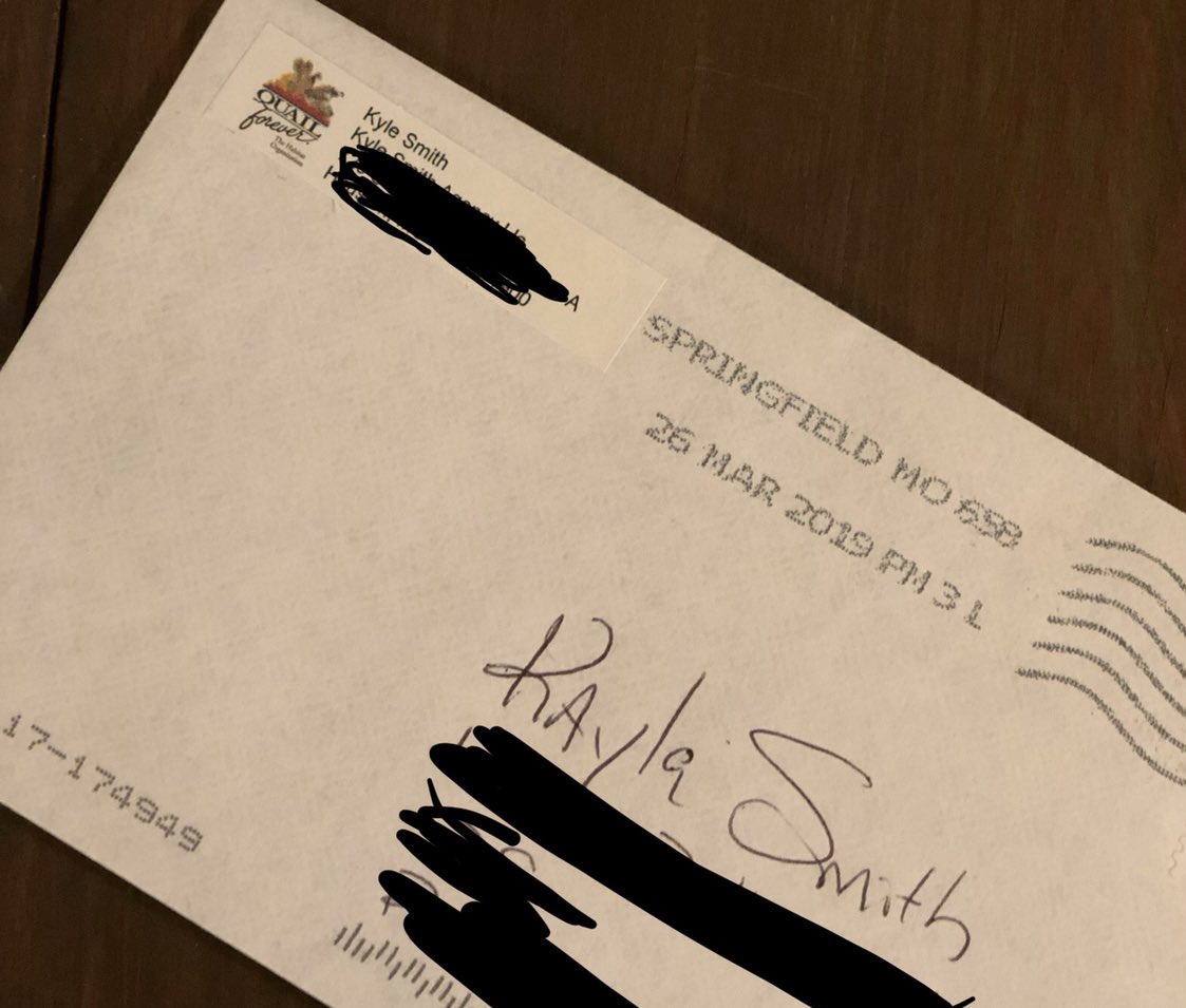 kaylalsmith8's tweet image. It’s very strange to me that my father has better handwriting than I do. Also, comin in hot with those personalized return labels. #QuailForever #KowboyKyle
