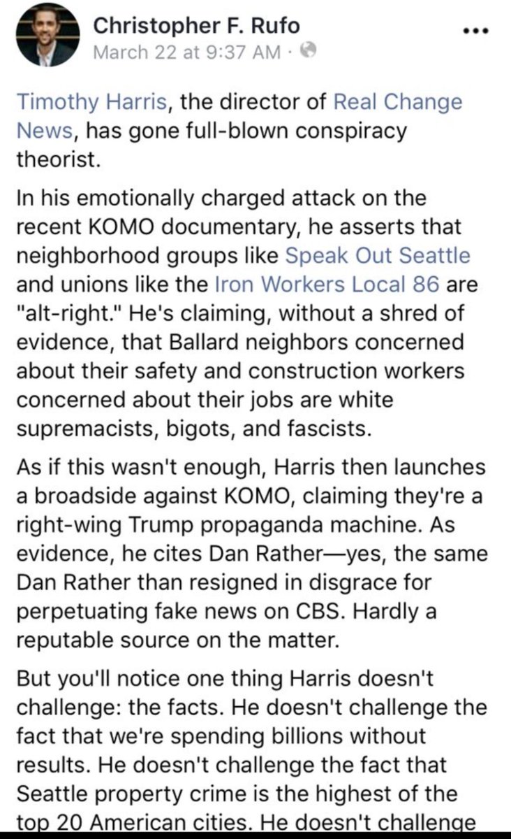 This whole thing was inspired by his completely asinine post this morning defending KOMO. He posted this at the same time the Crosscut story dropped, revealing KOMO used footage in their film of a man who wasn't even homeless. Rufo is an incredibly terrible person.