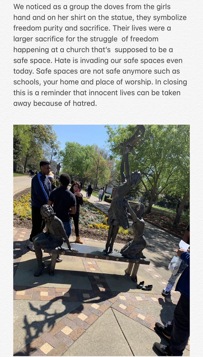 BRMentors's tweet photo. Our reflection topic for tonight was: How does your group's statue relate to the other topics about the Civil Rights Movement we have discussed this week? Here are students reflections and pictures next to their statues! https://t.co/1wkdXGFfUk