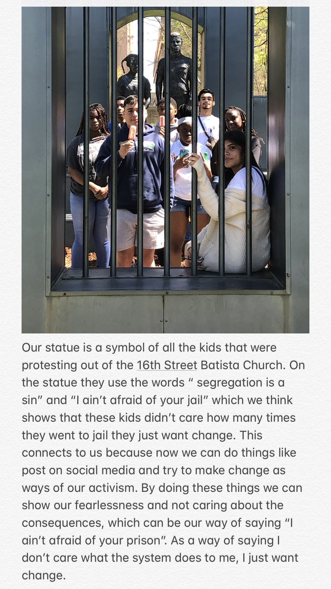 BRMentors's tweet photo. Our reflection topic for tonight was: How does your group's statue relate to the other topics about the Civil Rights Movement we have discussed this week? Here are students reflections and pictures next to their statues! https://t.co/1wkdXGFfUk