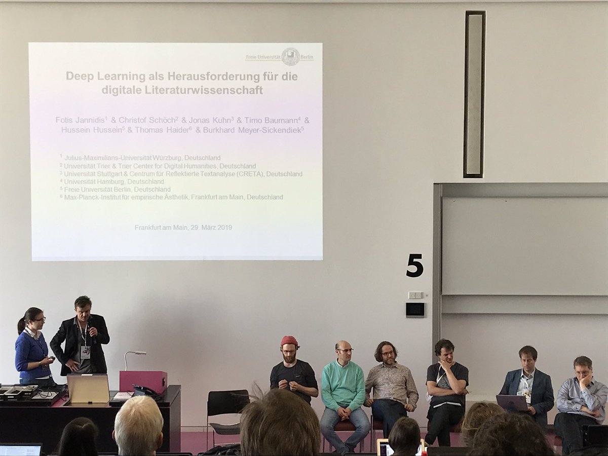 AnselmKuesters's tweet photo. The final day of the #dhd2019 features a panel discussing „Deep Learning as a challenge for digital literary studies“. All conference abstracts can be found here: https://t.co/mDfhZfvSy7 #DH https://t.co/m8YnhxK9SF