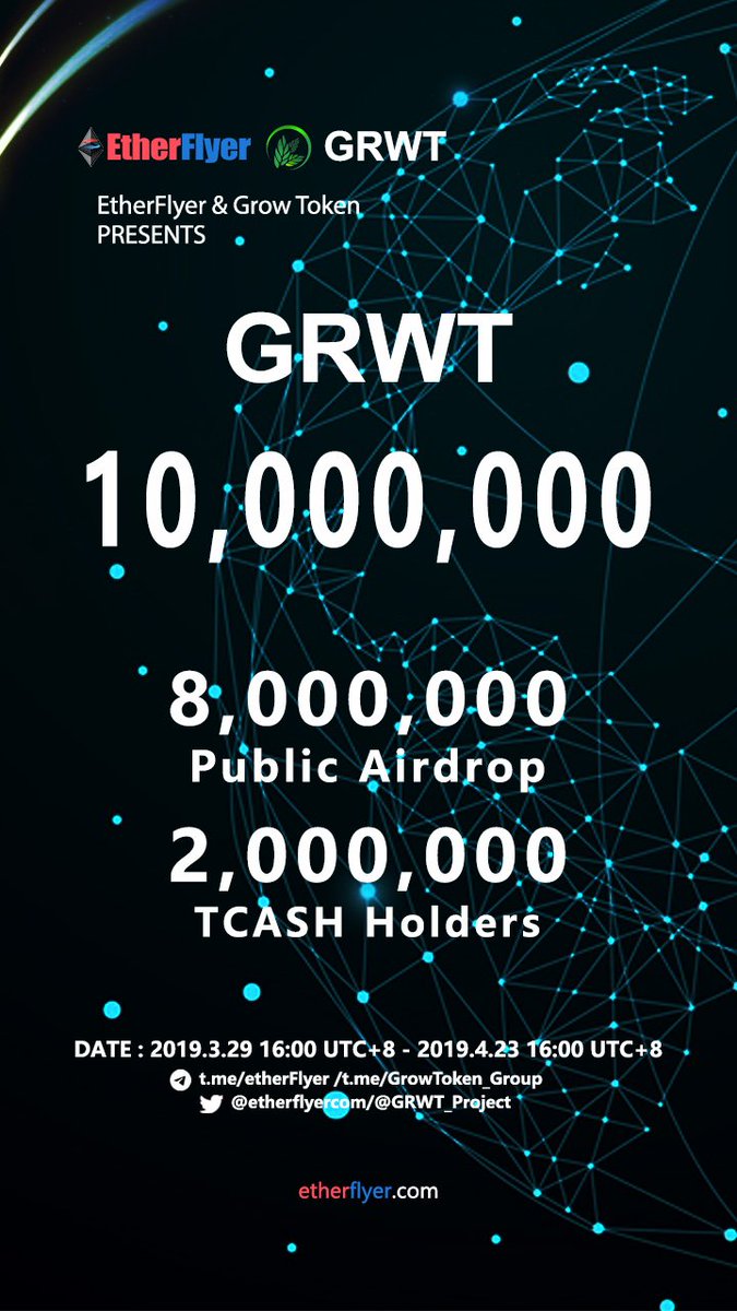 etherflyercom's tweet image. 10,000,000 GRWT Token (≈$28,000）Giveaway for Public Airdrop and TCASH Holders!   @GRWT_Project   @SuRaTech1  
From 2019.3.29 16:00(UTC+8) - 2019.4.23 16:00(UTC+8)  
Attend directly from:socialman.net/c/9pXBY
Follow all activities:etherflyer.com/airdrop.html