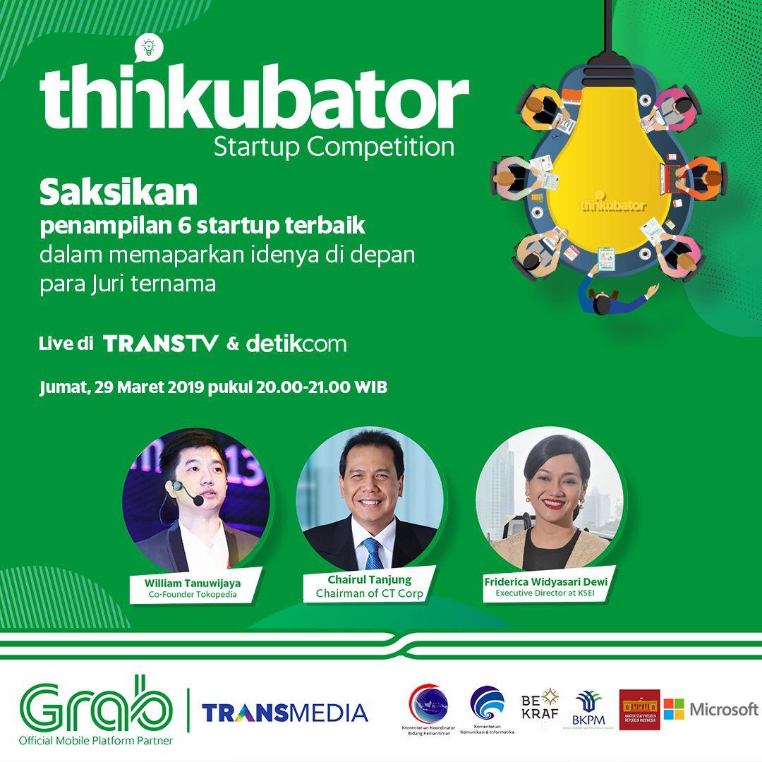 Saksikan program spesial #Thinkubator malam ini di <a href="/TRANSTV_CORP/">TRANS TV</a>. Finalis StartUp Competition mempresentasikan ide dan dinilai langsung oleh tokoh-tokoh hebat Indonesia. Live Streaming di <a href="/detikcom/">detikcom</a>, <a href="/cnbcindonesia/">CNBC Indonesia</a>, dan <a href="/CNNIDdaily/">CNN Indonesia Daily</a> #Thinkubator #StartUpCompetition