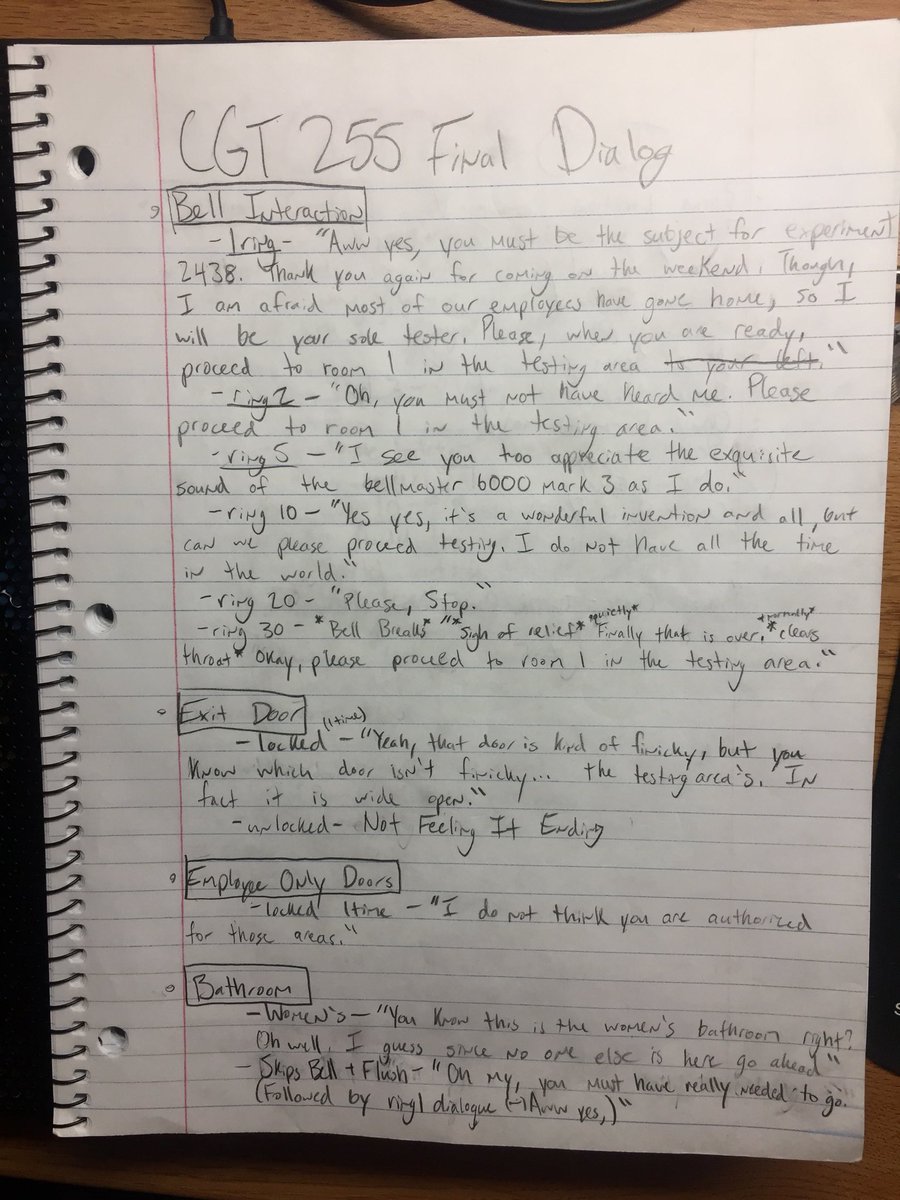 MichaelStaats11's tweet image. This week meet up with my team to write out the dialog and events for our game #TestingChambers attached is a page of that dialog. Can’t wait to start recording them next week. #PurdueGameDev