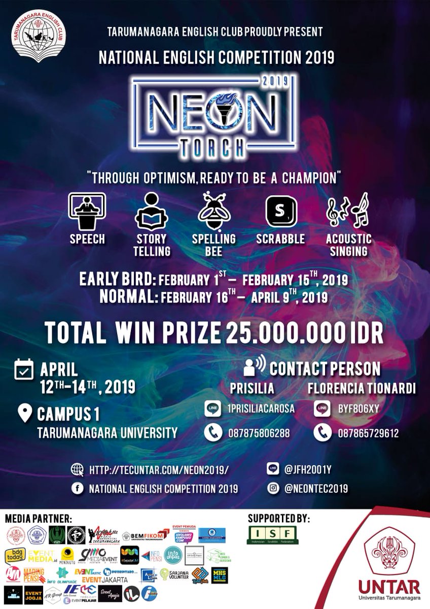Calling all champions out there to Join NEON (National English Competition) 2019 - TORCH "Through Optimism Ready to be a Champion", on 12th - 14th April 2019 and is open for all senior high school &amp; university students! Info : IG @neontec2019 / <a href="/tec_neon/">TEC NEON 2018</a>