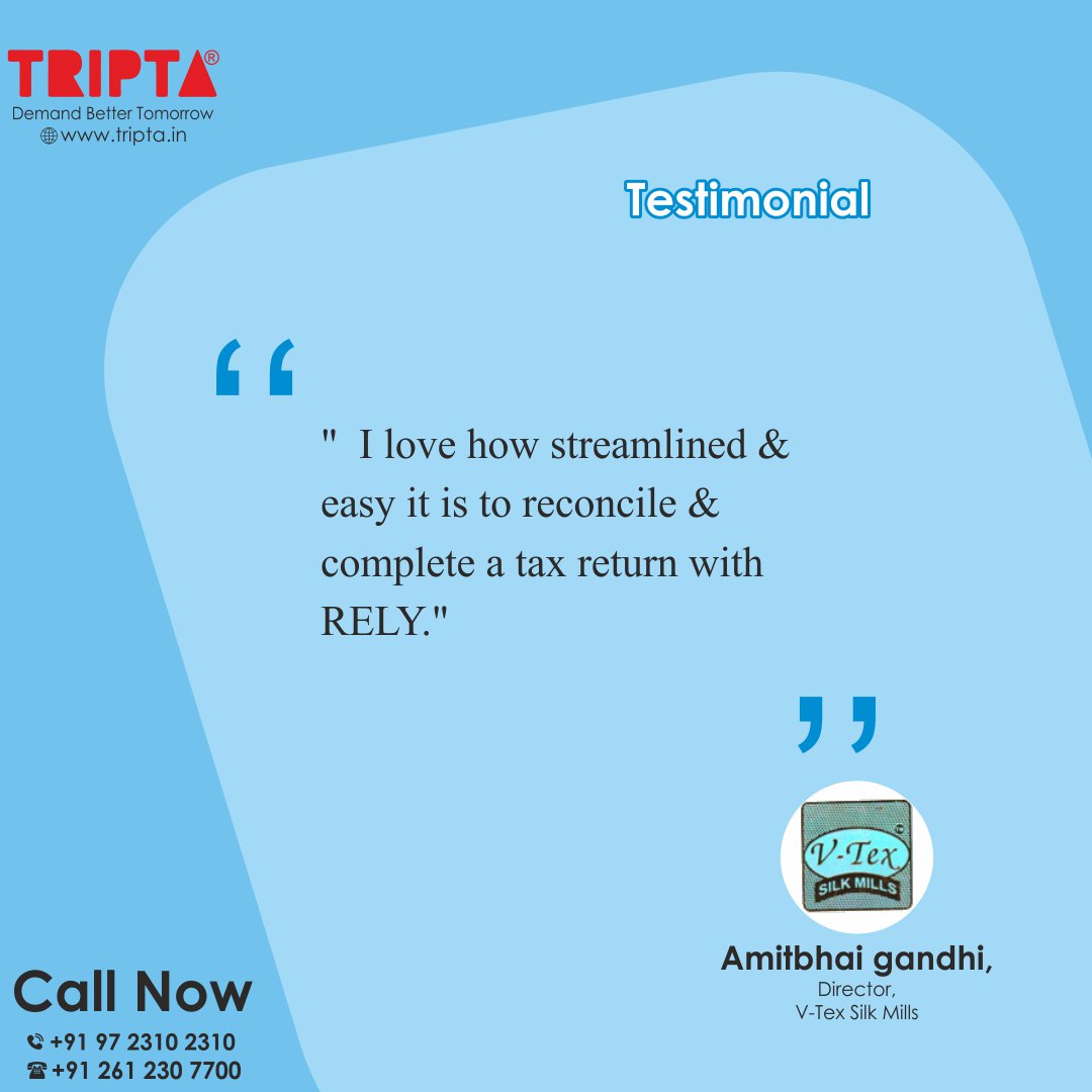triptaindia's tweet photo. We love hearing from our Clients. Here is a testimonial from Amitbhai Gandhi and how Tripta Innovation Private Limited helps V-Tex Silk Mills Pvt Ltd rise to a whole new level.
https://t.co/sDNQ3tiuXP
#TriptaInnovations #Software #GSTReady #AccountingSoftware #Surat #BuySoftware https://t.co/TkulpviaMi