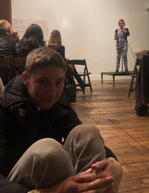 IGalvin's tweet photo. Found my hometown favorite @songsforsquid Sierra Nelson doing what she does best in *World’s Best Jumpsuit* at the #AWP19 offsite reading at The Cleaners. https://t.co/SRsdmVApMq