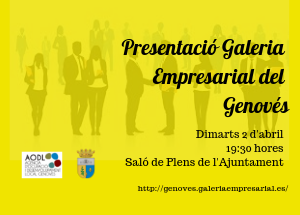 divaladl's tweet image. El proper 2 d'abril a les 19.30h #AODL @AjuntdelGenoves presenta la seua #galeriaempresarialonline posada en marxa amb ferramentes #xarxaadl @divaladl per a donar gratis visibilitat online a totes les empreses del municipi
+info: goo.gl/rm8yRQ i goo.gl/1CAAfH