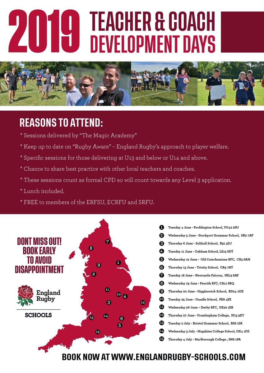 Teacher Development Days are back for 2019! Check out our dates and info below and to book go to bit.ly/RTDD19. Going to be exciting sessions suitable for all teachers at all levels! <a href="/AgeGradeRugby/">Age Grade Rugby</a> <a href="/russellearnshaw/">RussellEarnshaw</a> <a href="/FletcherRugby/">John Fletcher</a>