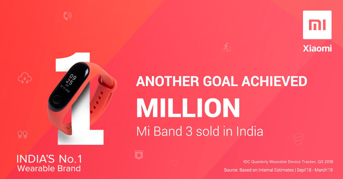 Great news Mi fans!

#MiBand3 has sold more than 1 Mn units in India till now! 💪 <a href="/XiaomiIndia/">Xiaomi India</a> is also the #1WearableBrand as per <a href="/IDC/">IDC</a>. 

We've enabled more than a million Indians to track their fitness goals. 🏃🏻 🏃🏻‍♀️

Wake up! Work out! Look hot! Feel fit! 🔥 #Xiaomi ❤️ #MiBand