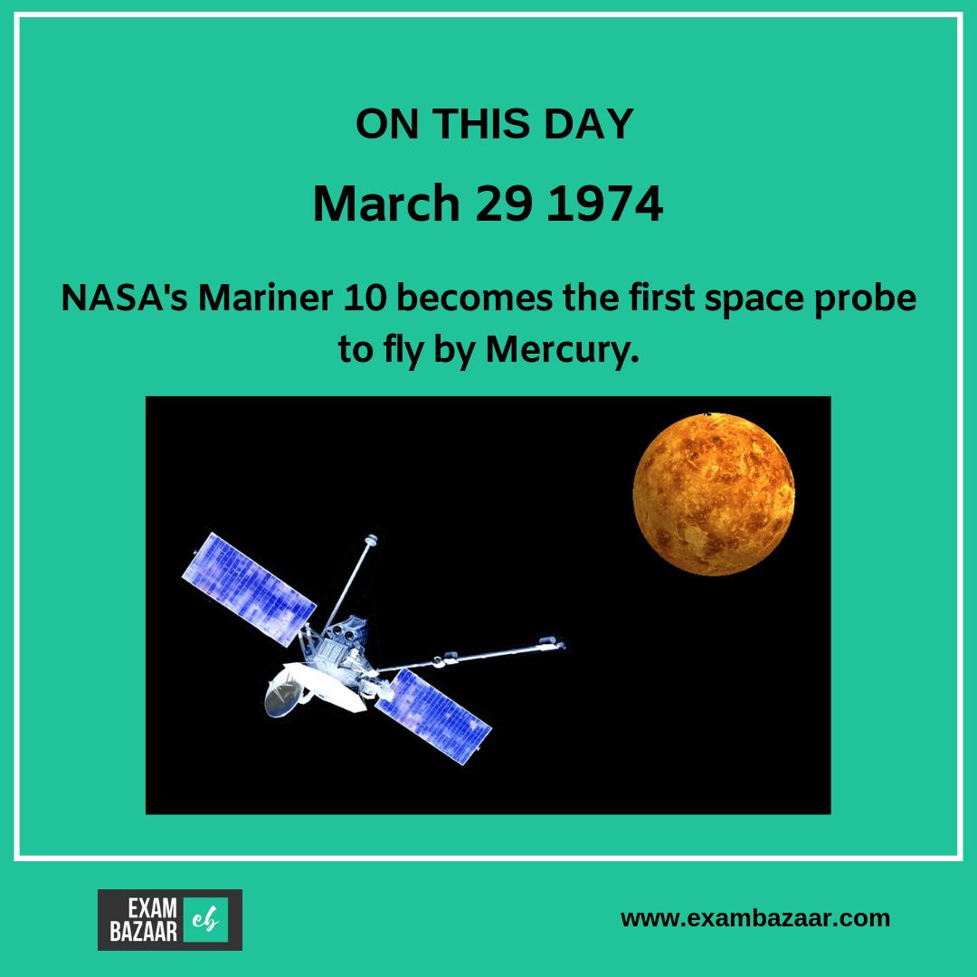 exambazaar's tweet image. March 29, 1974: NASA&apos;s Mariner 10 becomes the first space probe to fly by Mercury.
#NASA #Mercury #spaceprobe #Mariners 
#onthisday #todayinhistory #onthisdayinhistory #exambazaar