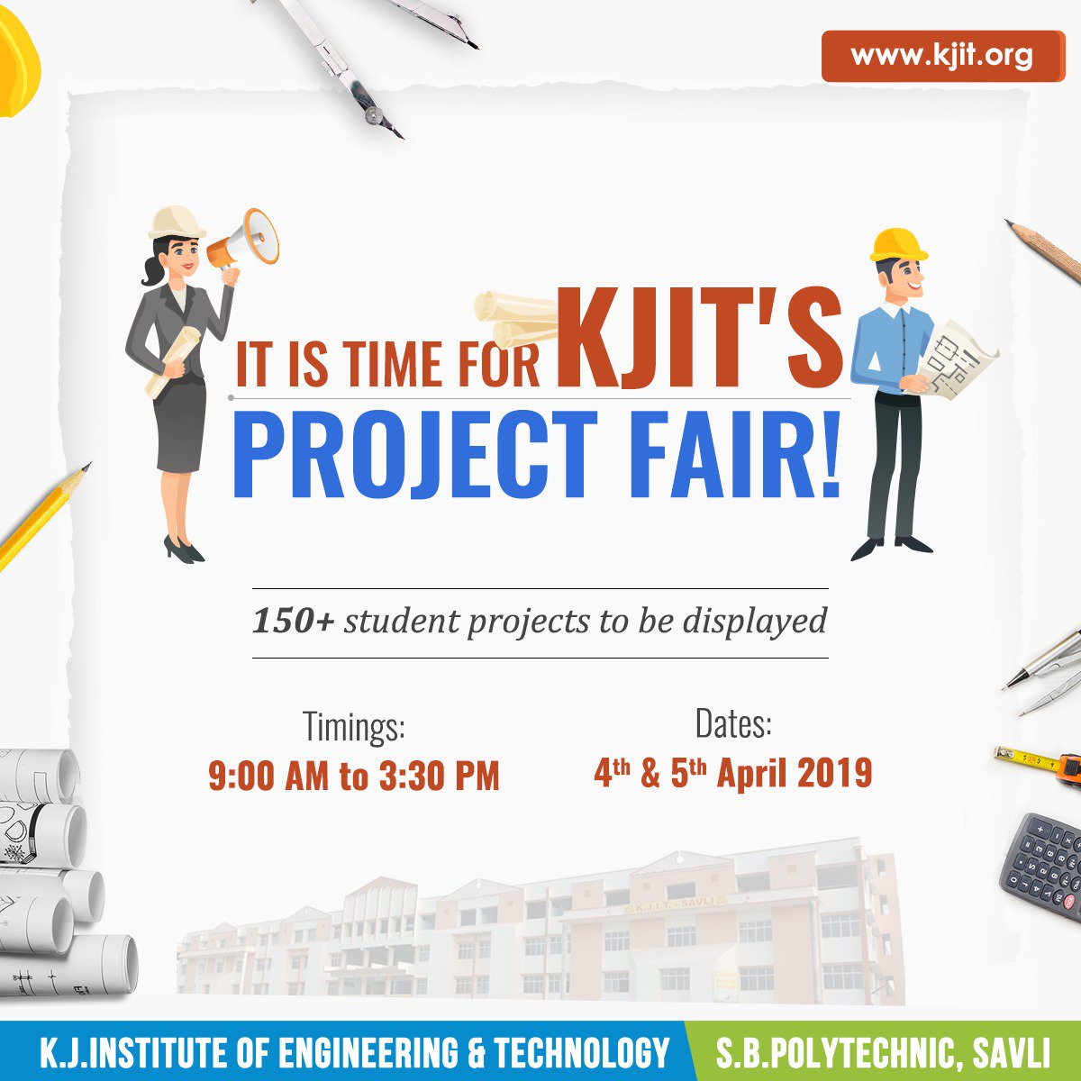 Kjitsavli's tweet image. Be ready to witness KJIT's project fair on 4th April and 5th April, 2019. The project fair shall have a display of 150+ projects developed by the students of K J Institute of Engineering &amp;amp; Technology and S. B. Polytechnic - Savli.
#projectfair #KJIT #engineeringfair #savli