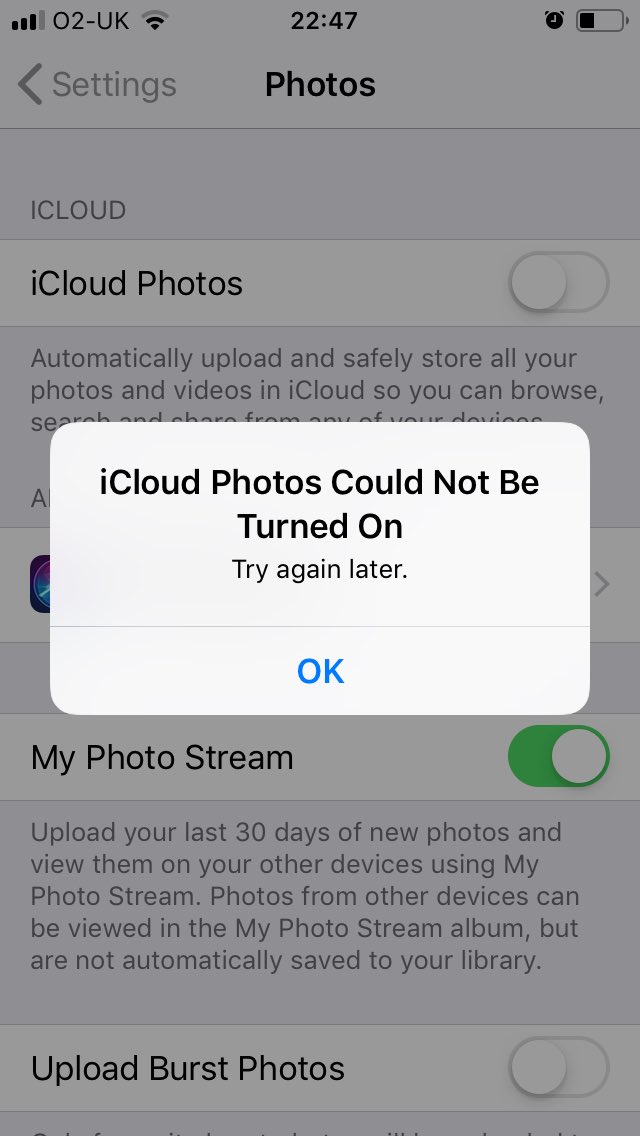 VBuffy's tweet photo. @AppleSupport  can’t get iCloud photos to turn on . Have purchased enough storage . Any ideas have tried reset have backed up phone and signed in and out of iCloud https://t.co/mr0ONQLR5N
