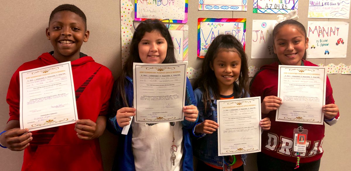 Positively amazing students being recognized for being KIRK #PositiveReferrals #HappyFriday #ProudTeacher #KirkROAR #FunInFourth @MrLibrerosClass @KirkElementary