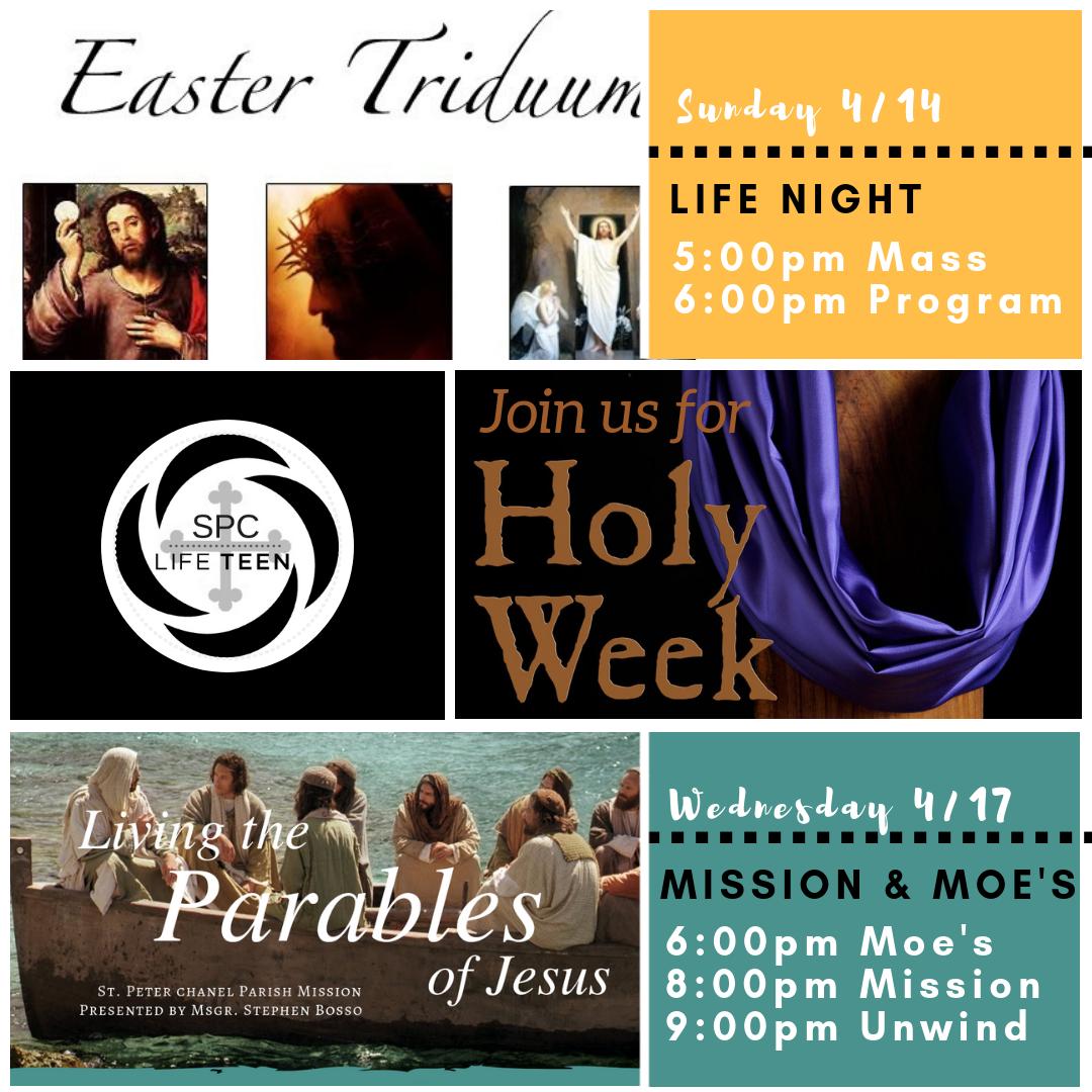 SPCYM's tweet photo. Can you believe we are almost at the end of Lent? We have some great programming lined up to help you get the most out of #HolyWeek. Come out and join us on Sunday for #LifeNight and Wednesday for #MissionAndMoes! 
 #MakeItMatter https://t.co/22tkKCj8iq https://t.co/TRMeX2ach3