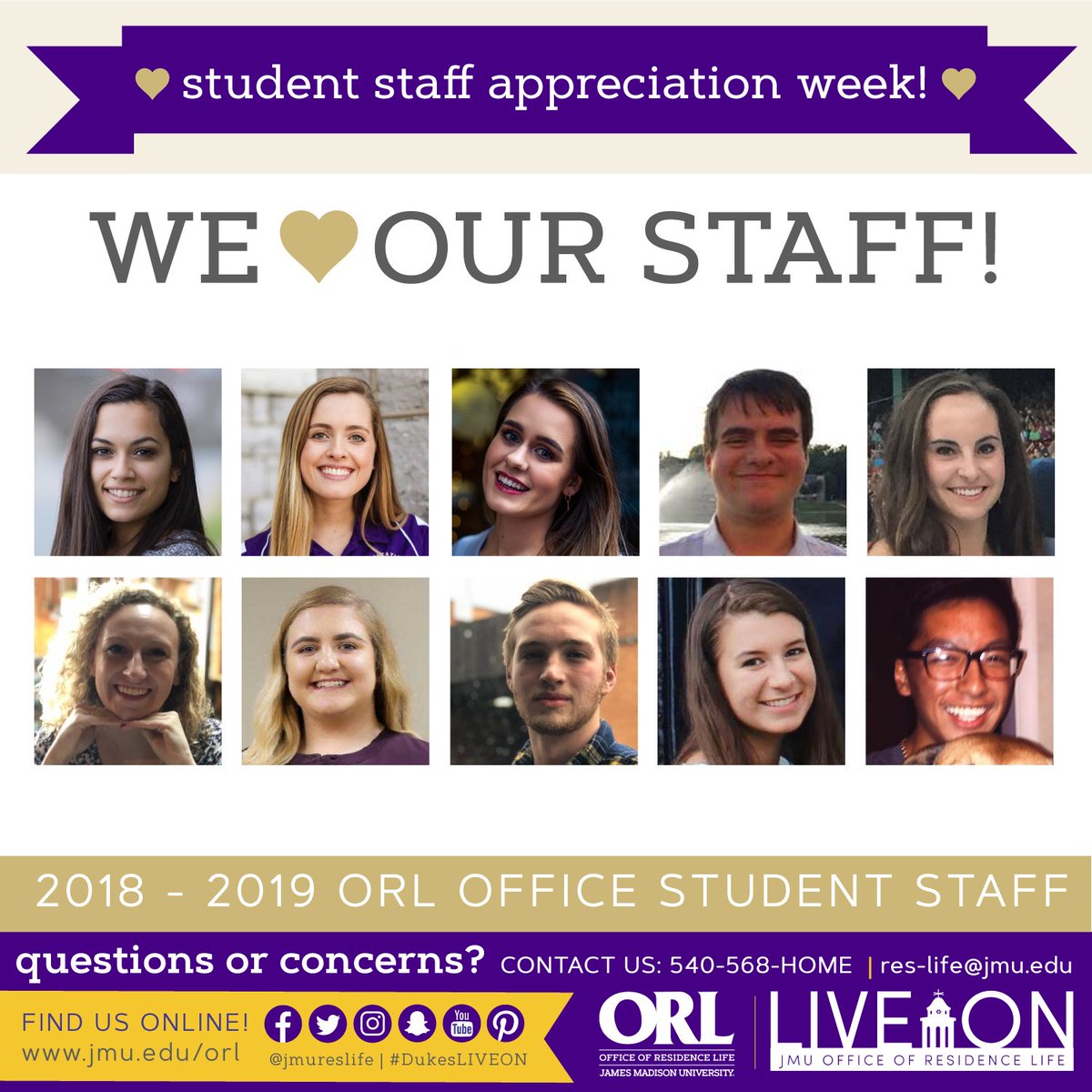 JMUResLife's tweet photo. It's #StudentStaffAppreciationWeek! We love our Student Office staff! #DukesLiveSupported #DukesLIVEON #JMU https://t.co/NJ1wbo4Ofv