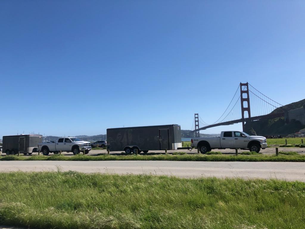 LegionAVS's tweet photo. We have a big event today in beautiful San Fransisco! Don't our trucks and trailers look great with the fantastic Golden Gate Bridge behind them?

#Liveevent #ontheroad #travelling #roadtrip #eventproduction #eventmanagement #smallbusiness #puttininwork #staging #lighting #iphone https://t.co/eAguZvWhgc