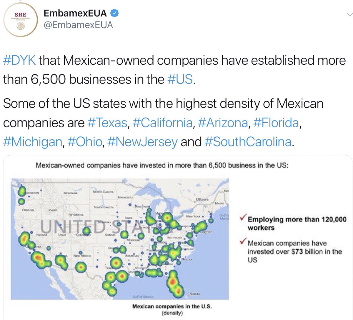 fdelatg's tweet image. Mexican owned companies headquartered in #Dallas #DFW #Metroplex creating thousands of jobs from/in #Texas and #BuildingBridges 🇲🇽 🇺🇸 

✅Mission Foods
✅Interceramic
✅Sofftek
✅Cinepolis
✅Lala
✅Bestel
✅La Moderna
✅Kidzania 
✅Intelligent Mexican Marketing
✅Taxco Produce