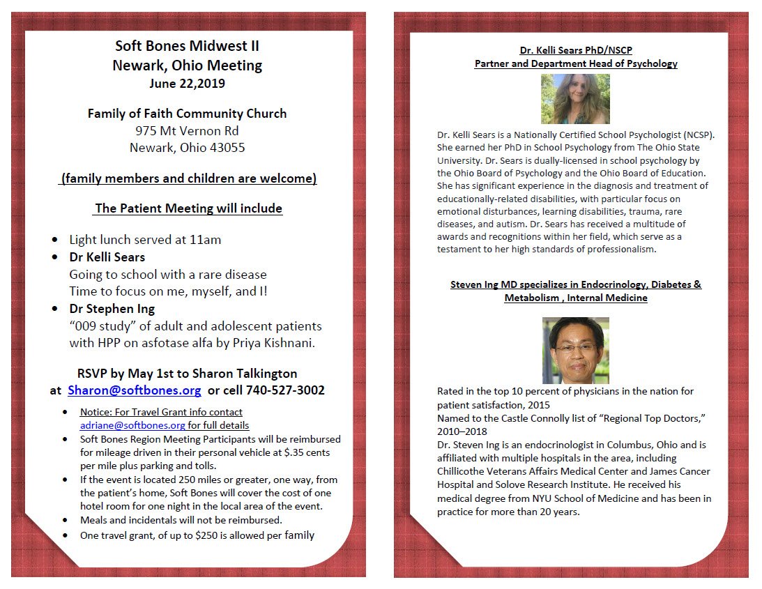 Soft Bones HPP (@softboneshpp) on Twitter photo June 22,2019 11am in Newark, Ohio Soft Bones patient meeting! This meeting is for any hpp patients, loved ones, and caregivers in the US! RSVP to sharon@softbones.org #OSU #RareDisease #HPPaware June 22,2019 11am in Newark, Ohio Soft Bones patient meeting! This meeting is for any hpp patients, loved ones, and caregivers in the US! RSVP to sharon@softbones.org #OSU #RareDisease #HPPaware