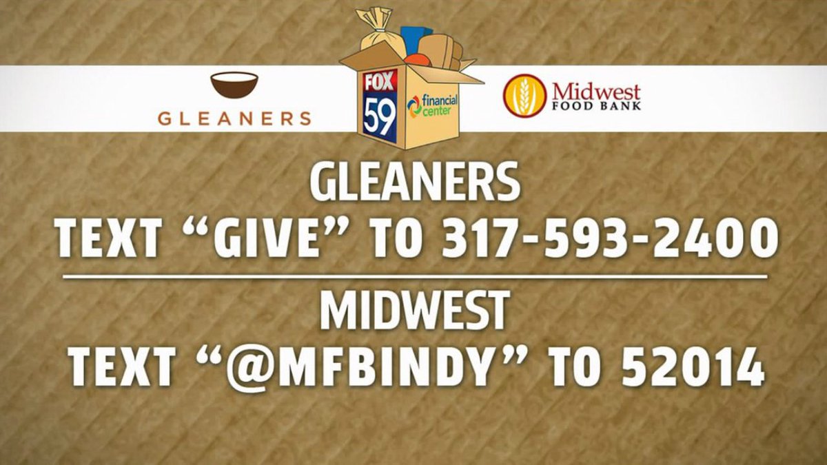 Help @FOX59 #PackThePantries for Hoosier families in need! Anything you can give will make a difference! It only take $1 to provide 4 meals for a hungry hoosier! Phone line is open until 7 p.m. or you can text in your donation!