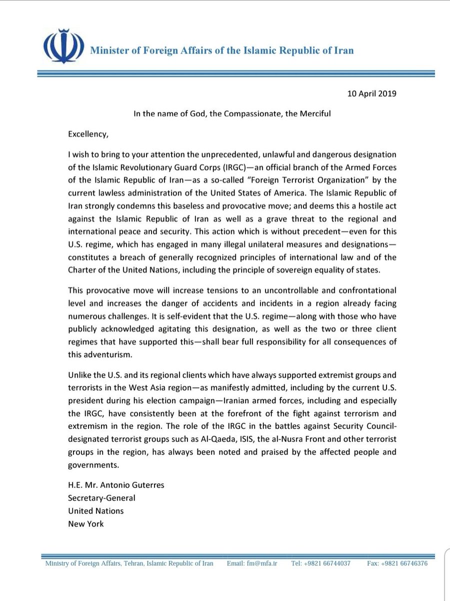 IraninSA's tweet photo. @JZarif letter to #UN Secretary General @antonioguterres 

#IRGC 
#irgcisasecurityguard https://t.co/MfmebjqCwl