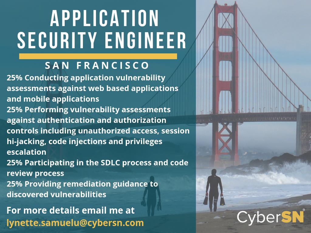 _cybernette's tweet image. AppSec Engineer opportunity with our client who is a leader in tech-driven healthcare. This is a full-time opportunity based in downtown San Francisco. Setting up interviews next week!

DM me or email me at Lynette.Samuelu@cybersn.com for more details. 

#CyberSN #CyberSNJobs