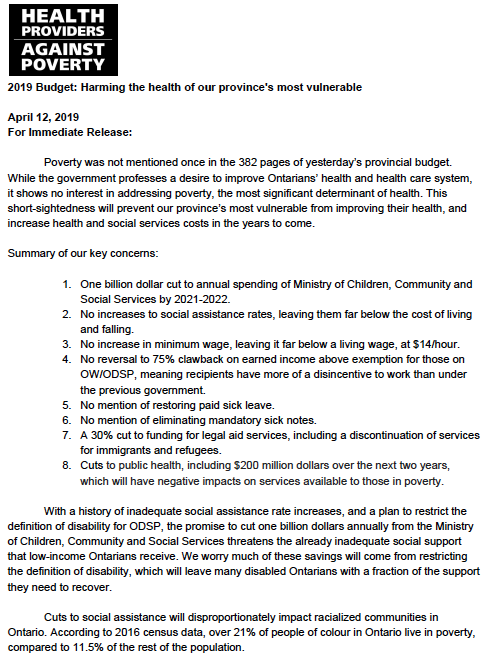 HPAP_Ontario's tweet photo. HPAP OFFICIAL BUDGET RESPONSE. 

2019 BUDGET: Harming the health of our province's most vulnerable! 

#onpoli #cdnpoli #poverty #sdoh https://t.co/faiWIx5Wwk