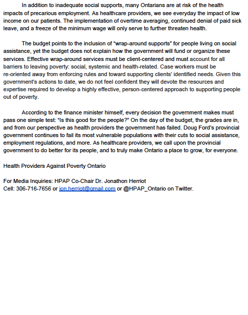 HPAP_Ontario's tweet photo. HPAP OFFICIAL BUDGET RESPONSE. 

2019 BUDGET: Harming the health of our province's most vulnerable! 

#onpoli #cdnpoli #poverty #sdoh https://t.co/faiWIx5Wwk