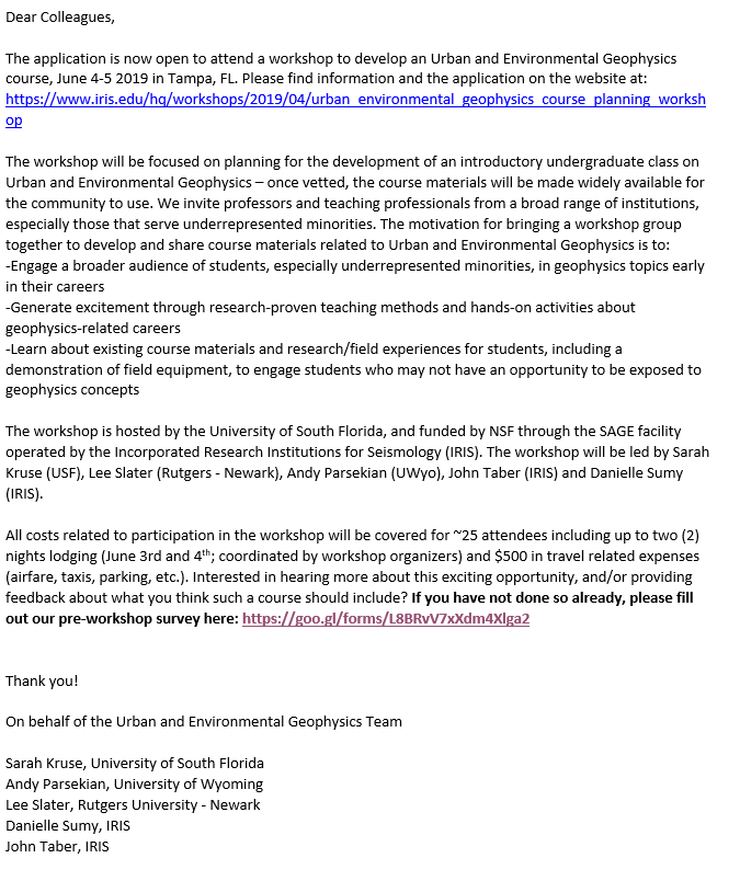 APPLICATIONS ARE NOW OPEN: Workshop to develop an Urban and Environmental Geophysics course, June 4-5, Tampa, FL #Geophysics #IRIS #AGU #USF #UW #Rutgers #URMinSTEM #URM