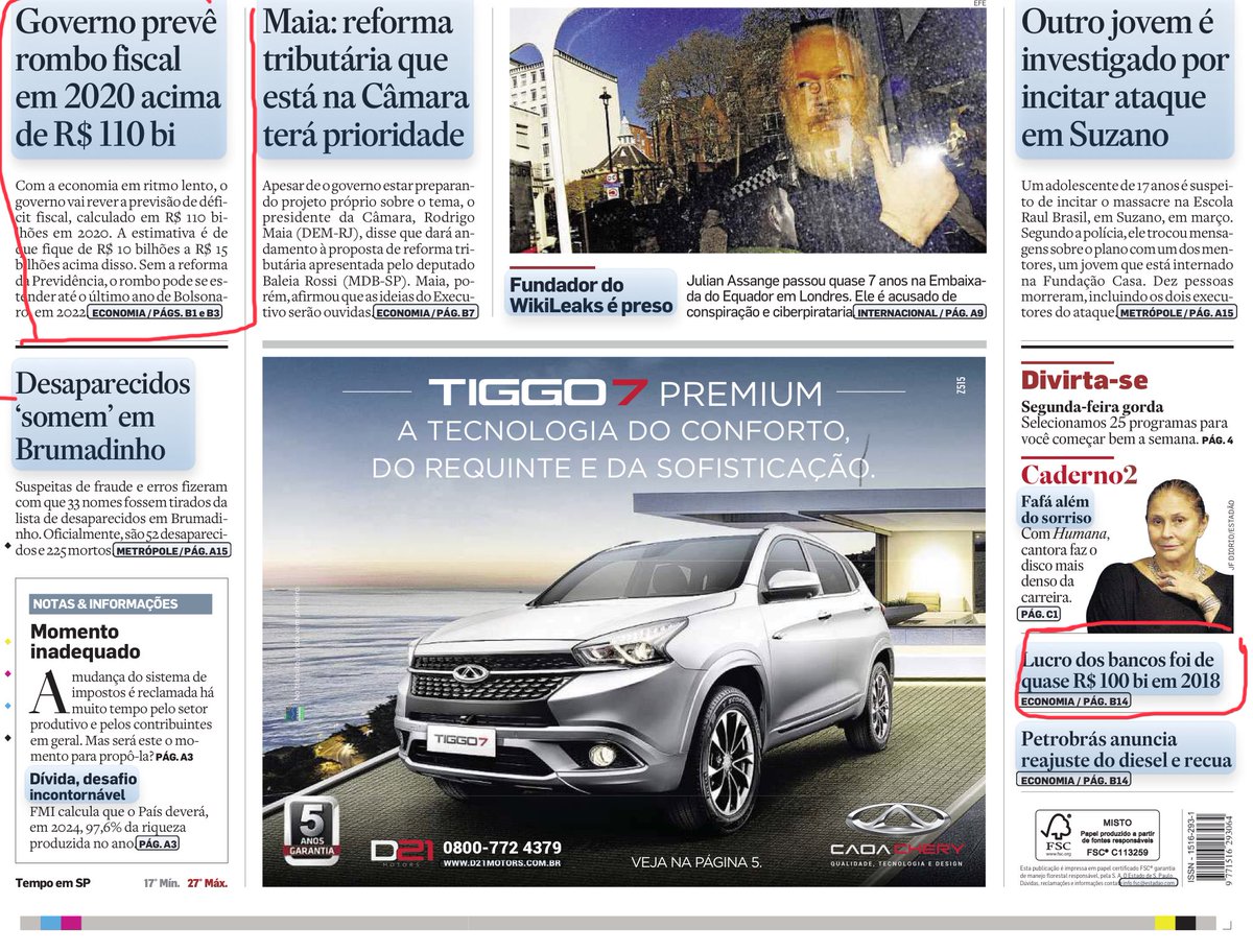 Vejam que interessante duas manchetes do Estado de São Paulo de hoje: assinalado em vermelho do lado esquerdo “ Governo prevê Rombo fiscal em 2020 acima de R$ 110 bi” , do lado direito em letras bem menores “ Lucro dos bancos foi de R$ 100 bi em 2018”.